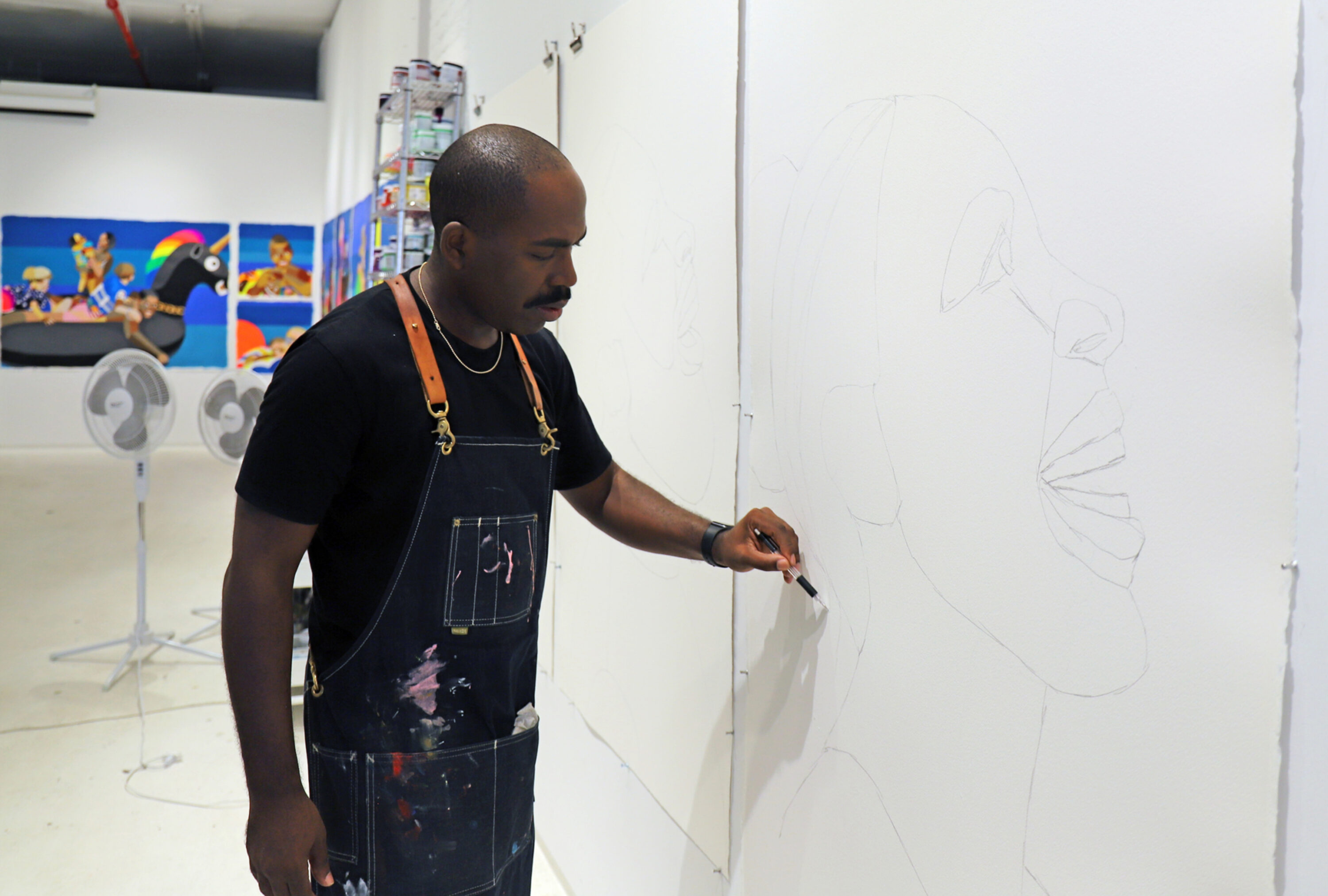 Derrick Adams in studio with Life of the Party, 2020