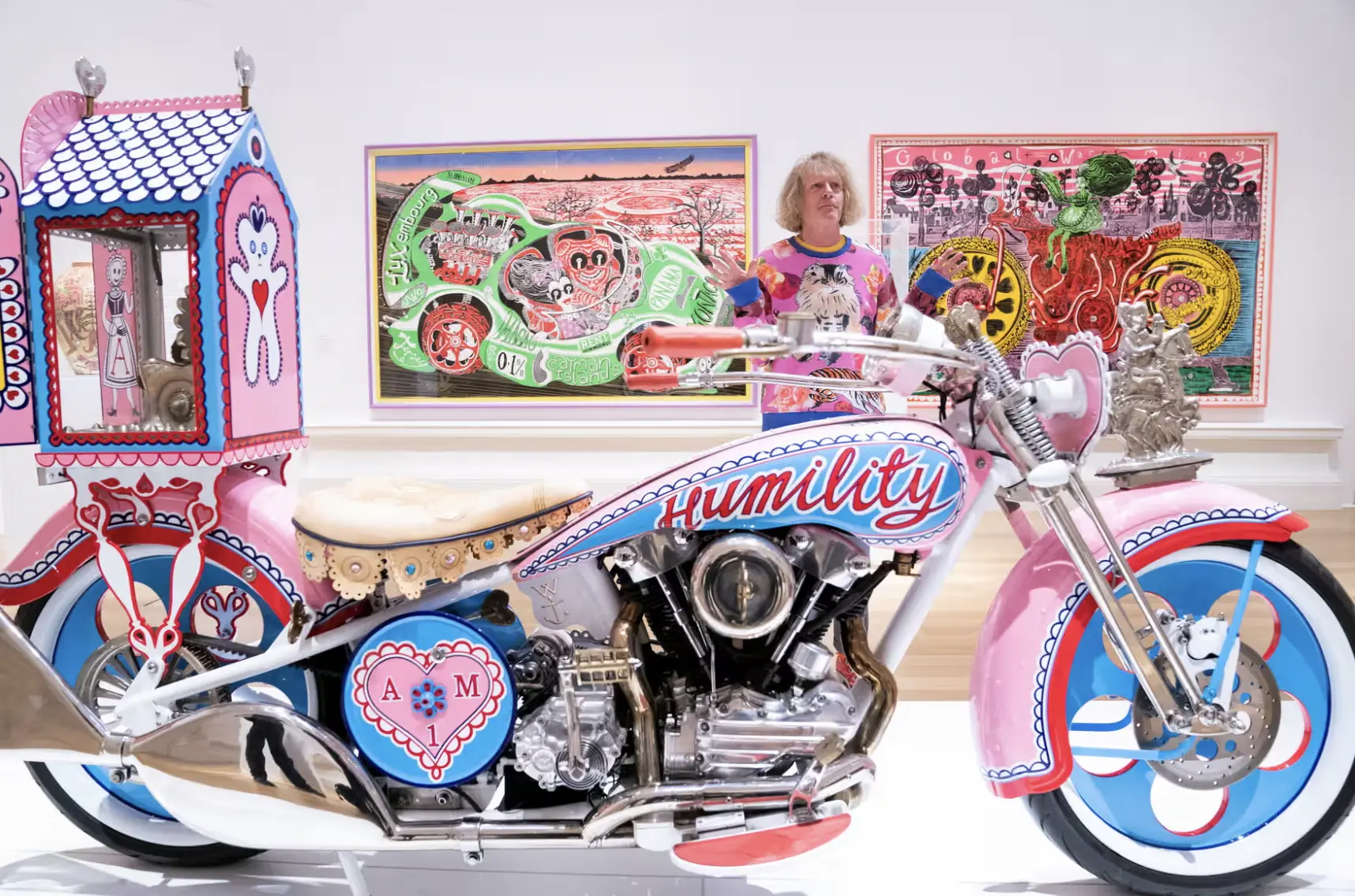 Grayson Perry with Sponsored By You at his exhibition 'Smash Hits', National Galleries of Scotland, Edinburgh.