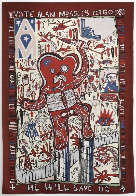 Vote Alan Measles for God by Grayson Perry, Wool needlepoint tapestry, label, black felt-tip pen, 2008.