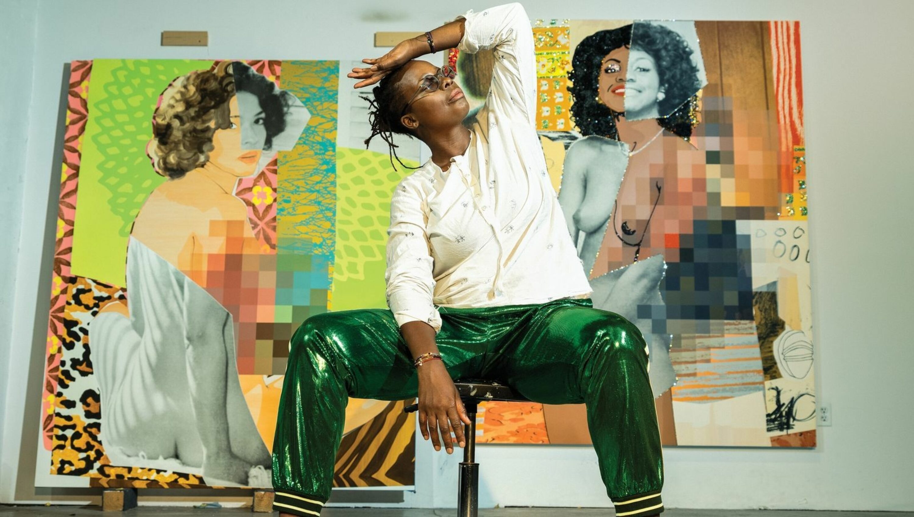 Mickalene Thomas in her Brooklyn studio, photographed by Dana Scruggs.