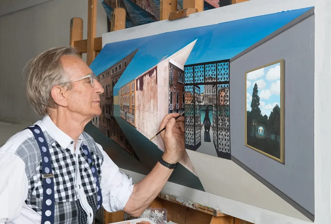 Patrick Hughes working on one of his 'reverspective' pieces