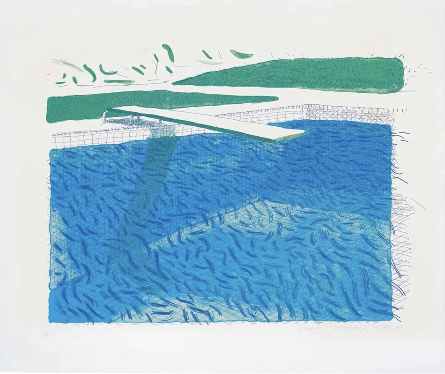 Lithograph of Water Made of Lines, Crayon, and Two Blue Washes