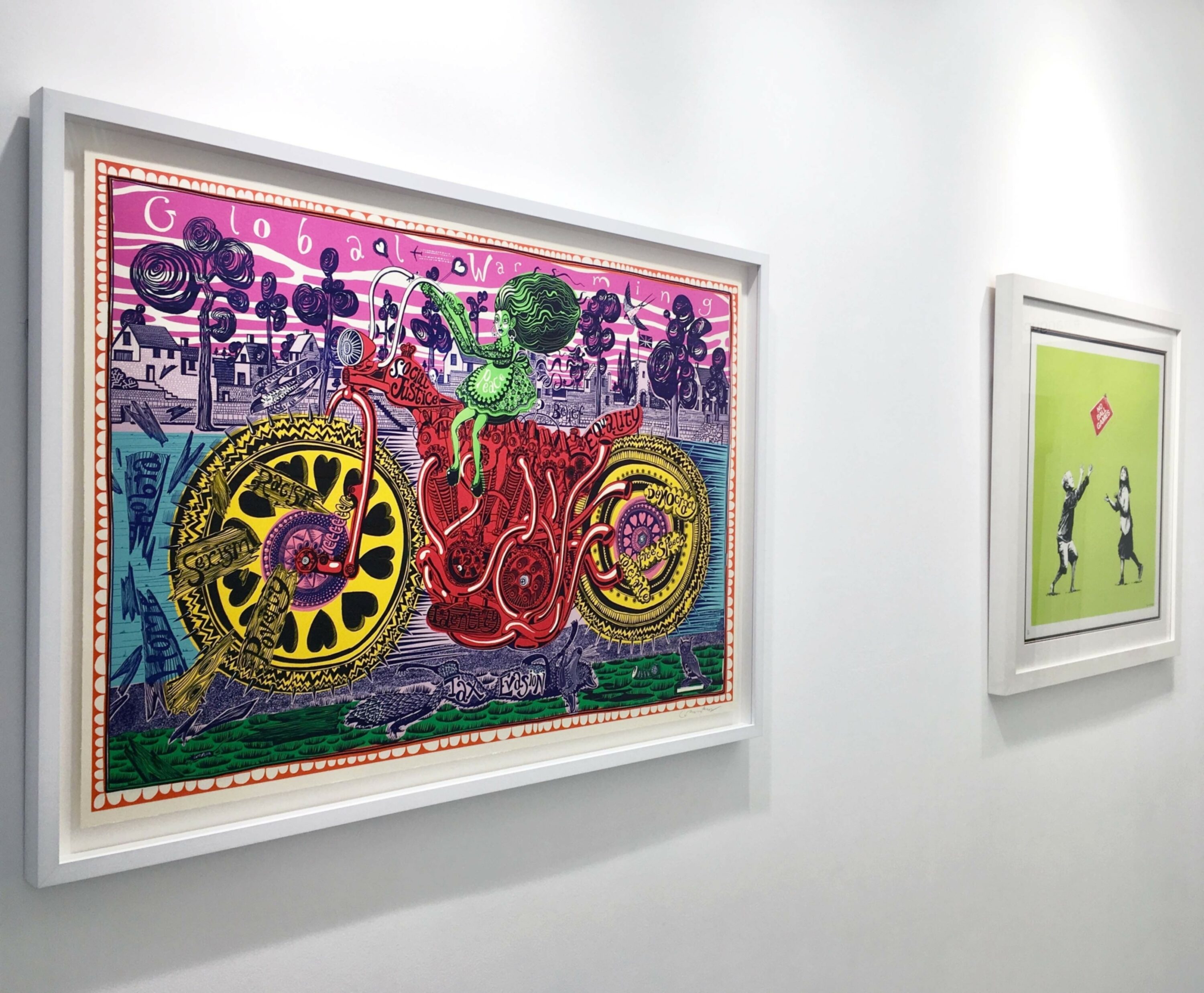 Selfie with Political Causes by Grayson Perry and Banksy's No Ball Games at Hang-Up Gallery