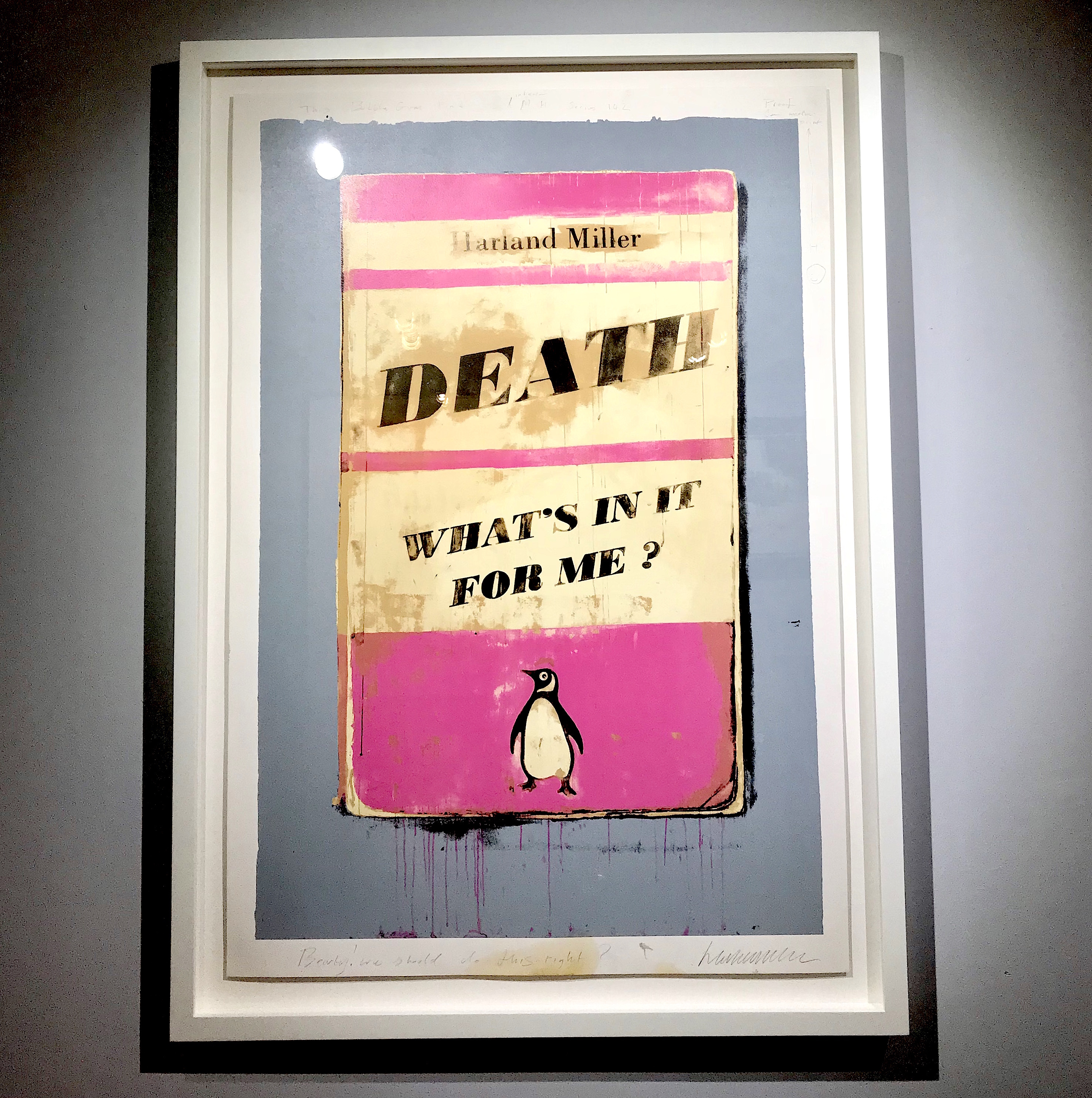 The high-float frame shows off the edges of this Harland Miller beautifully