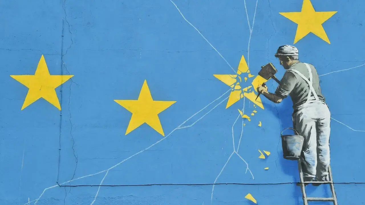 Banksy's Brexit-inspired mural on the Castle Amusements building in Dover, Kent, 2017.