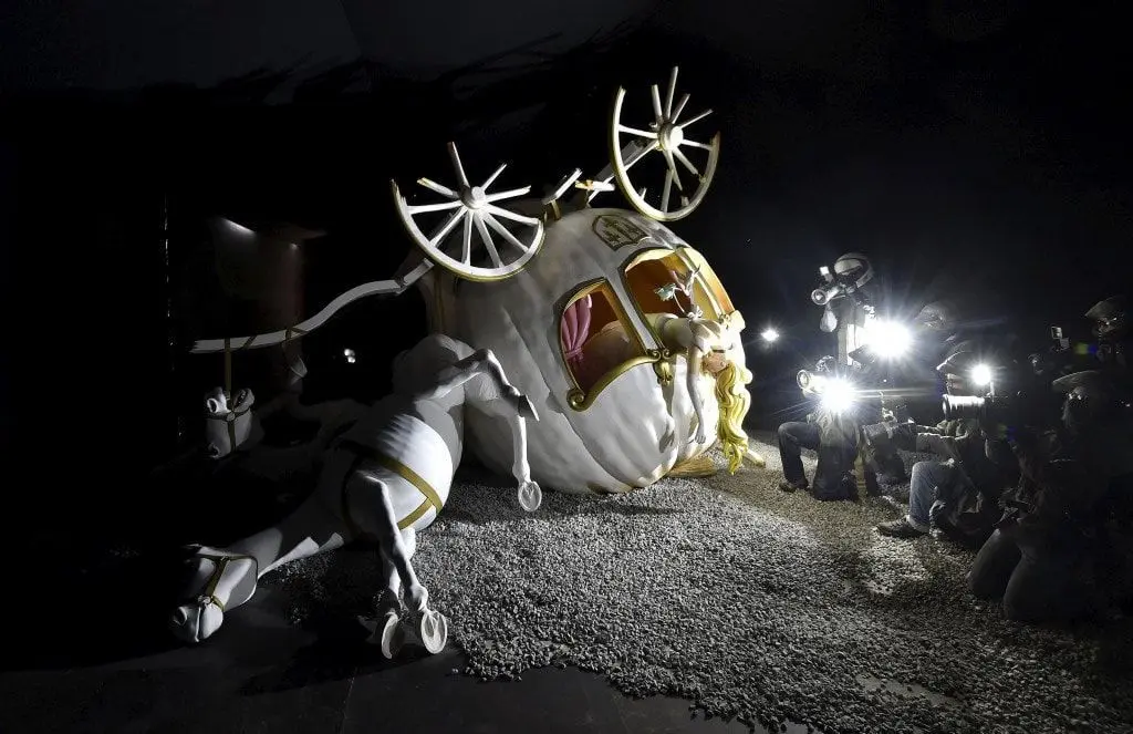 One of Banksy's pieces on display at Dismaland depicting a paparazzi swarmed wreckage of Cinderella's coach crash.