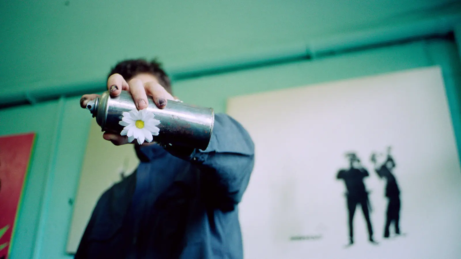 Banksy in his London studio in the early 2000s.