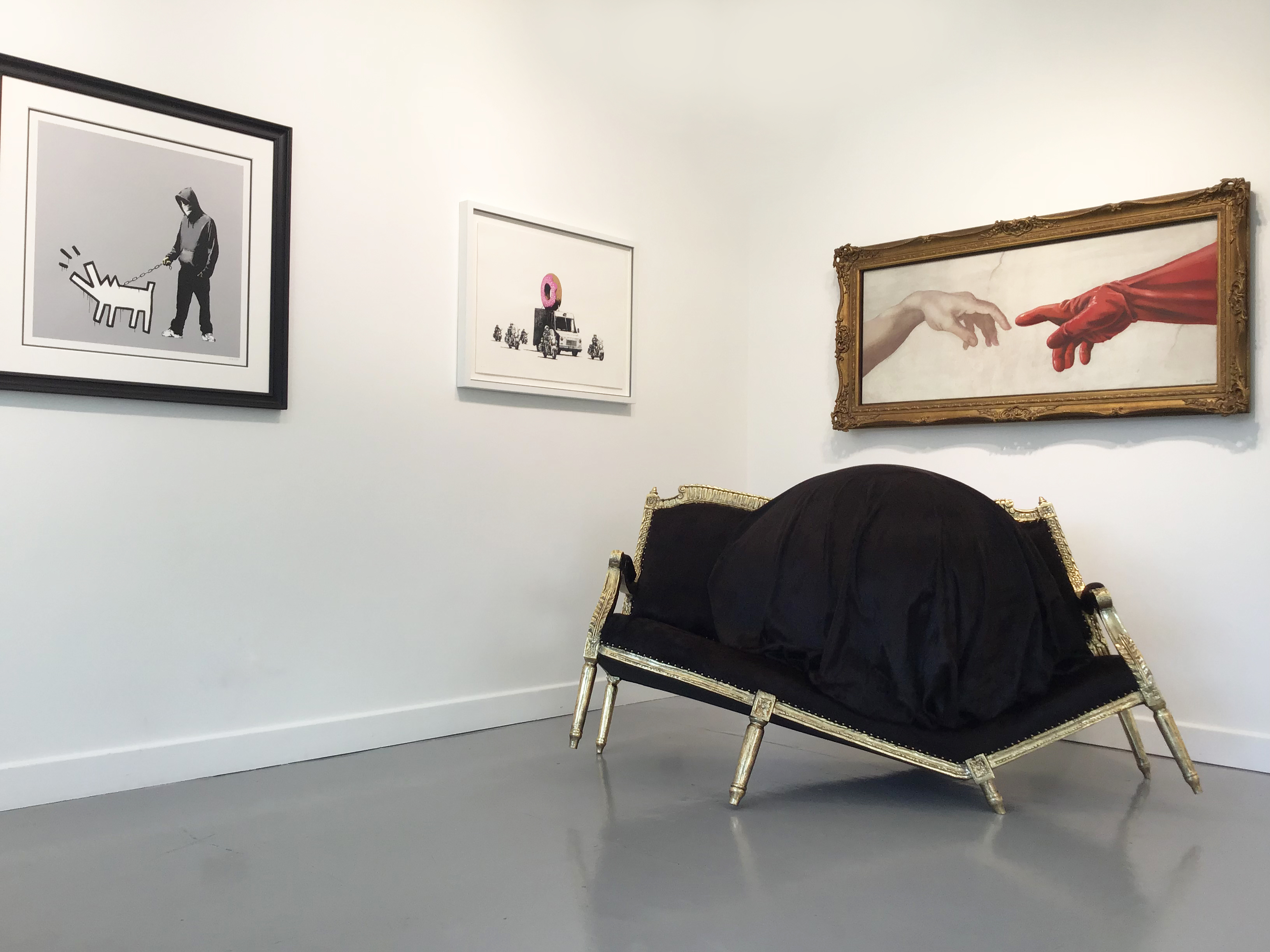 A window mounted, high floated and ornate tray frame respectively for each Banksy piece in our Hang-Up Collections show