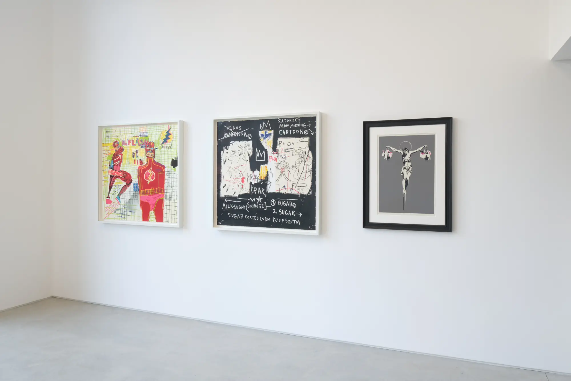 Jean-Michel Basquiat, Flash in Naples & A Panel of Experts with Banksy, Christ With Shopping Bags on display, Hang-Up Curates Vol. VI. Hang-Up Gallery, London.