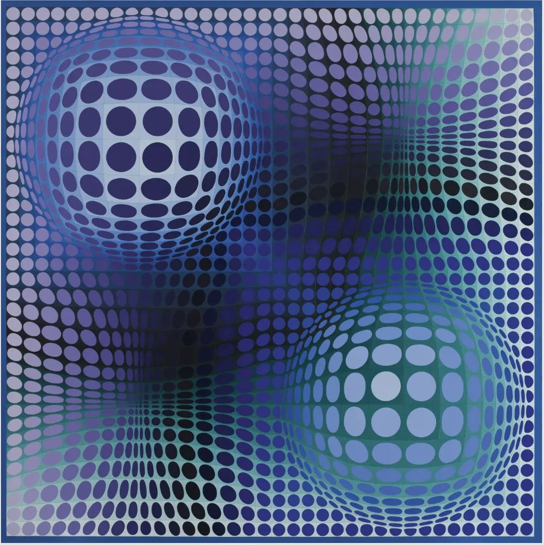 'Feny,' 1973 by Victor Vasarely &  'Movement in Squares', 1961 by Bridget Riley