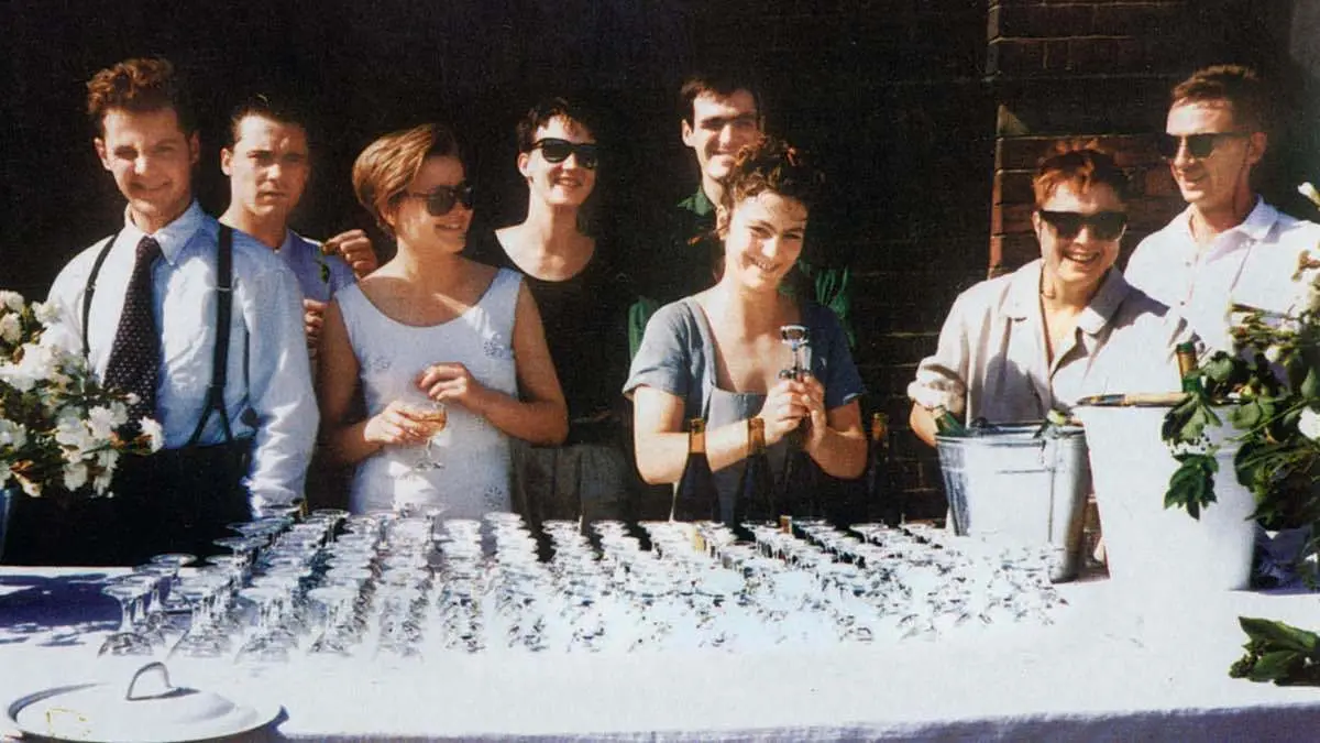 “Freeze” opening party, showing (left to right), Ian Davenport, Damien Hirst, Angela Bulloch, Fiona Rae, Stephen Park, Anya Gallaccio, Sarah Lucas and Gary Hume.