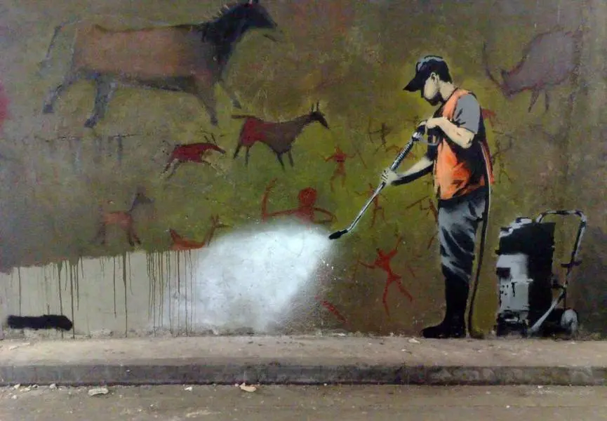 Banksy created this work as part of The Cans Festival, Leake Street, London, 2008. It no longer exists.