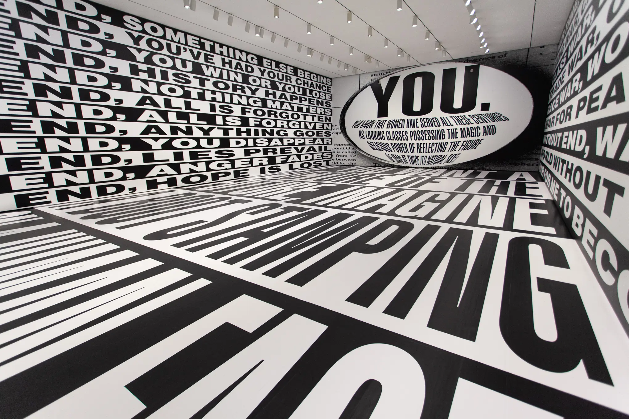 Installation view of LACMA's Barbara Kruger exhibition: Thinking of You. I Mean Me. I Mean You (2019).