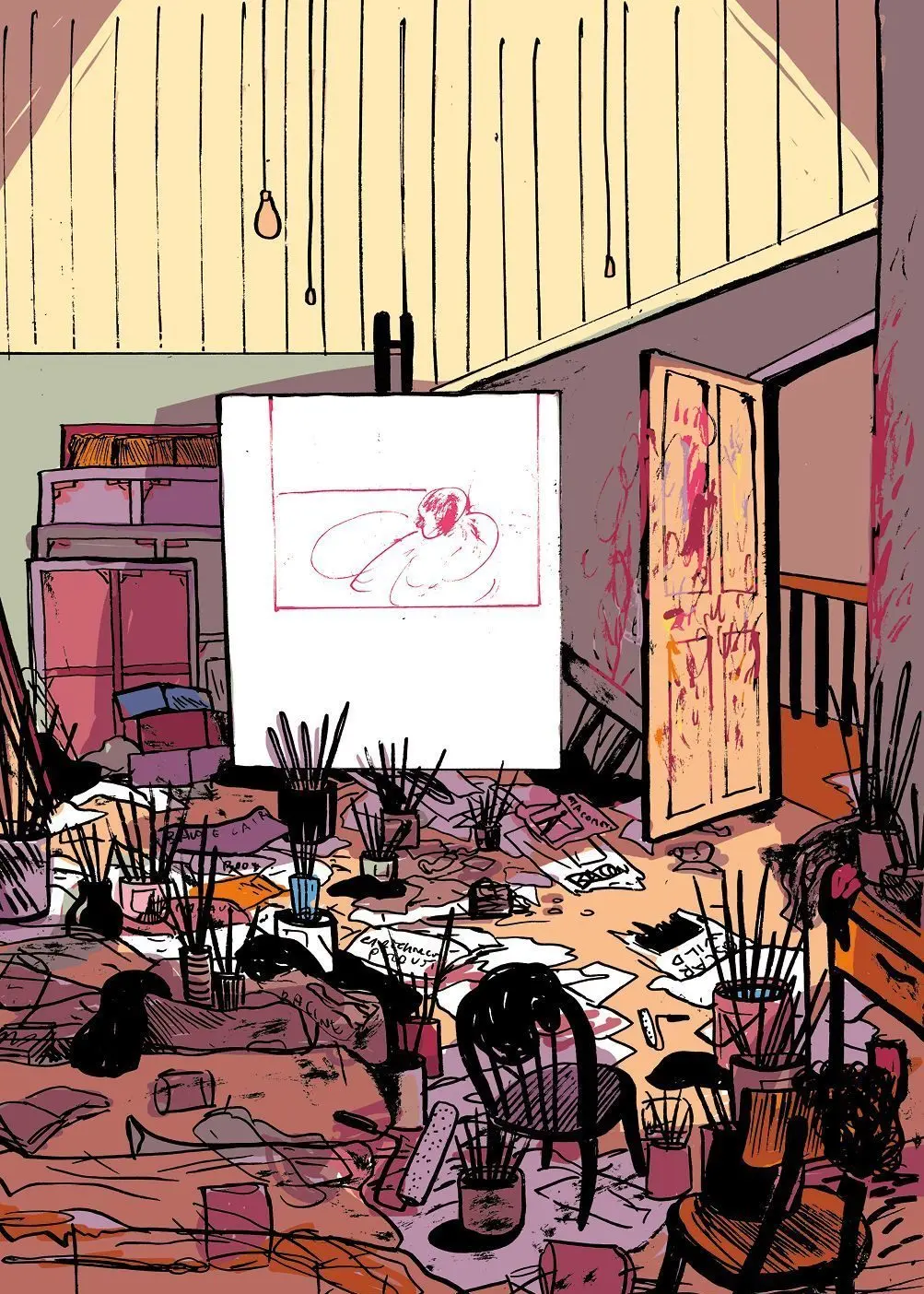 Francis Bacon's studio at 7 Reece Mews, London alongside Cristina Portolano's illustration. In 1998 Bacon's studio was donated to The Hugh Lane Gallery, Dublin. 7,000 objects were carefully packed and transported for the artist's studio to be reconstructed in archaeological detail.