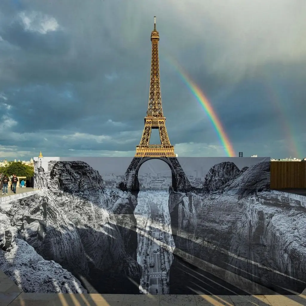 JR's Eiffel Tower public art installation.