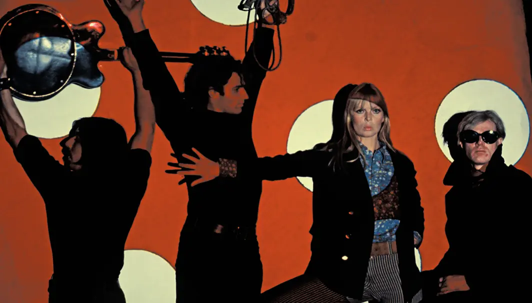 Todd Haynes, The Velvet Underground, 2021, 4K video, color and black-and-white, sound, 121 minutes. From left: John Cale, Gerard Malanga, Nico, Andy Warhol / Andy Warhol and Lou Reed.
