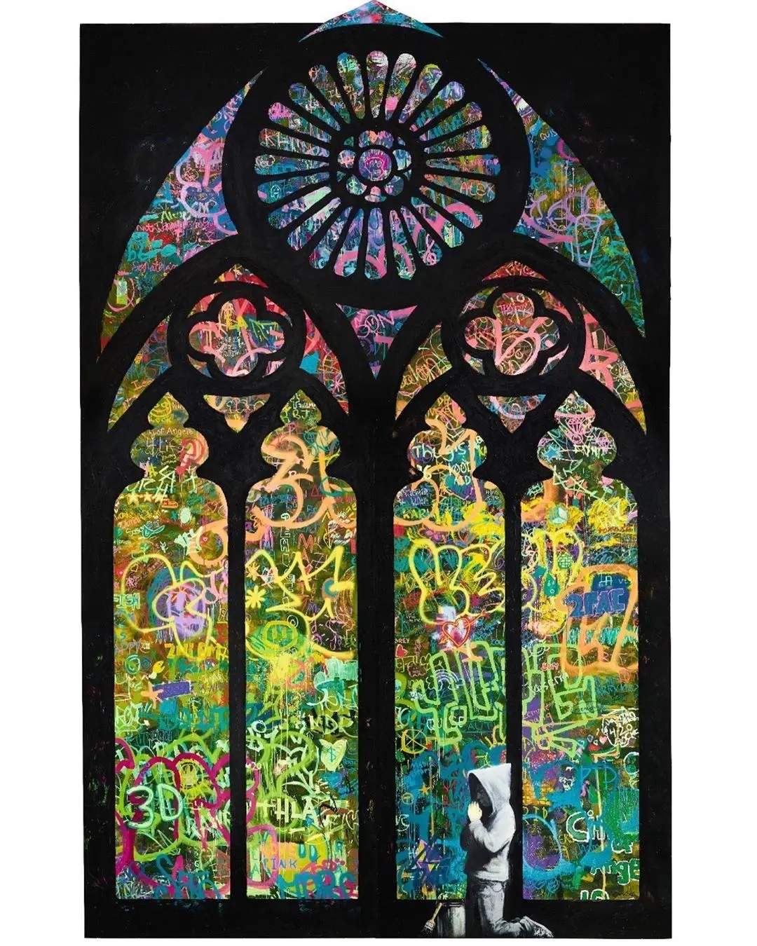 Forgive Us Our Trespassing by Banksy, 2011, acrylic, spray paint and marker pens on wooden panel, in four parts.
