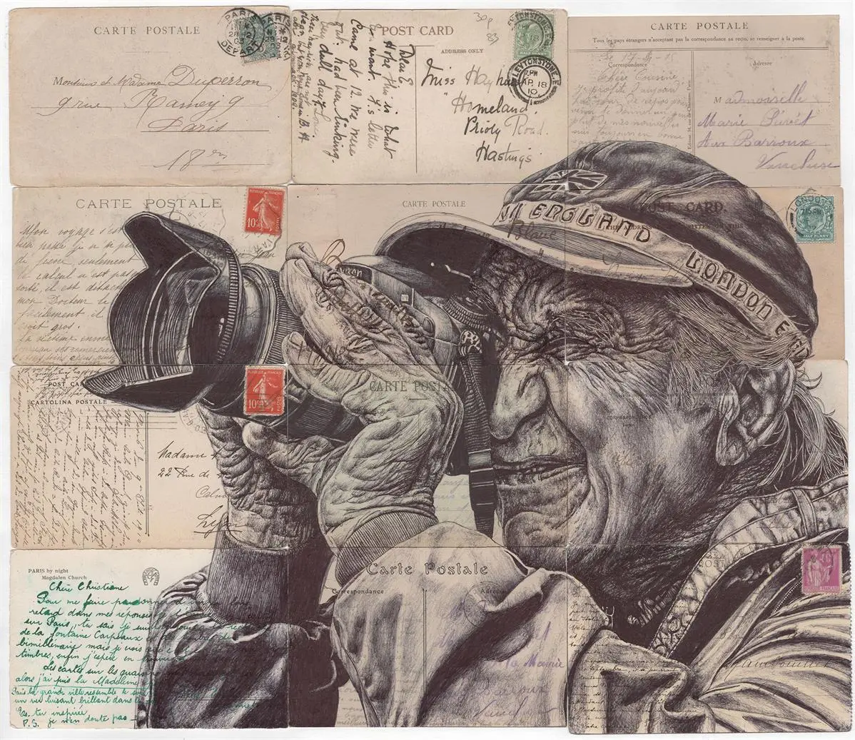 Projection Protection, Bic biro ballpoint pen on a collection of antique postcards, 2018