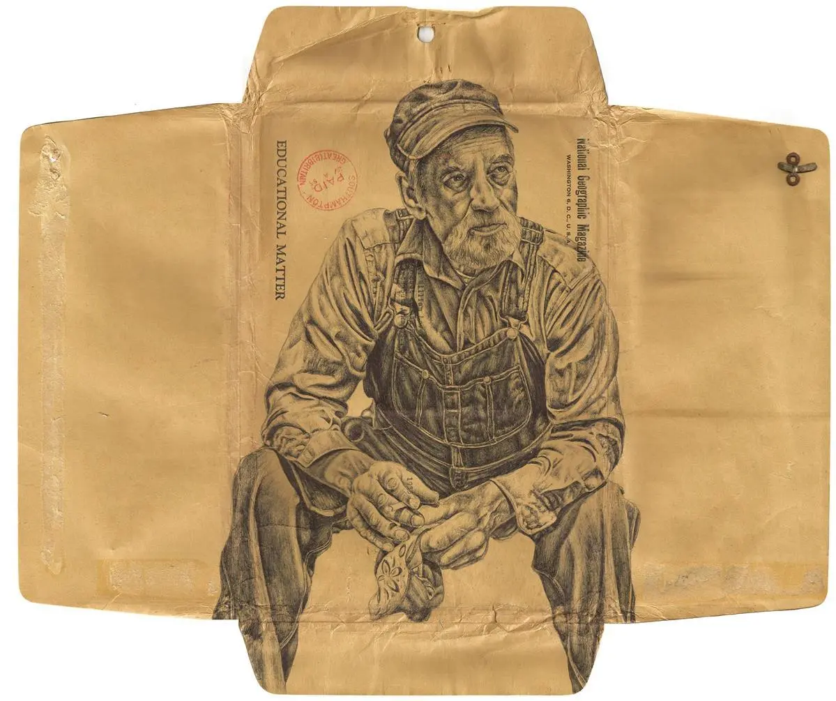 Just Before the Start, Bic biro drawing on a vintage envelope, 2016