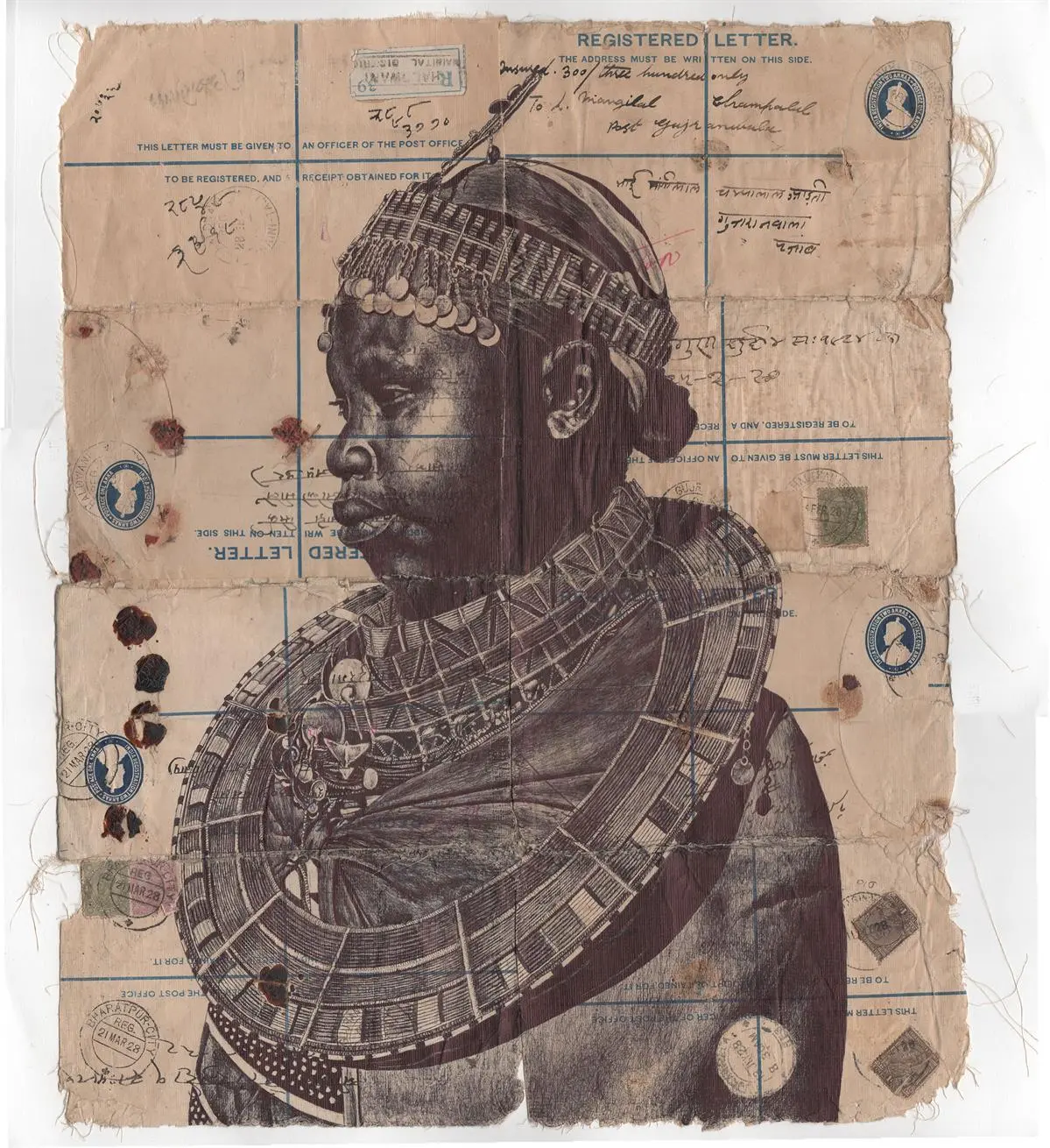 Connections Remain, Ballpoint pen drawing on a antique collection of envelopes, 2019
