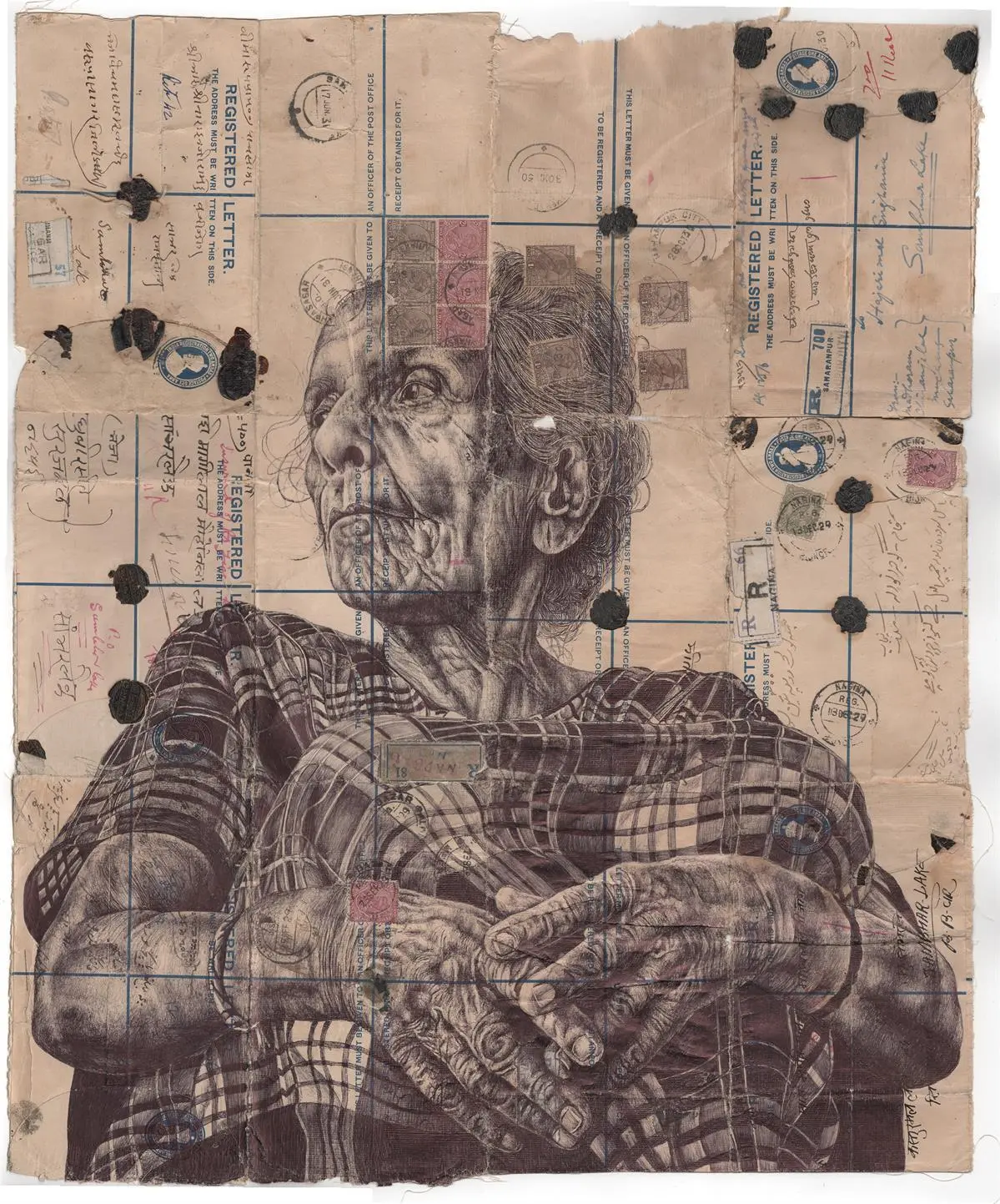 Time Only Walks Away, Bic biro drawing on used antique envelopes, 2018