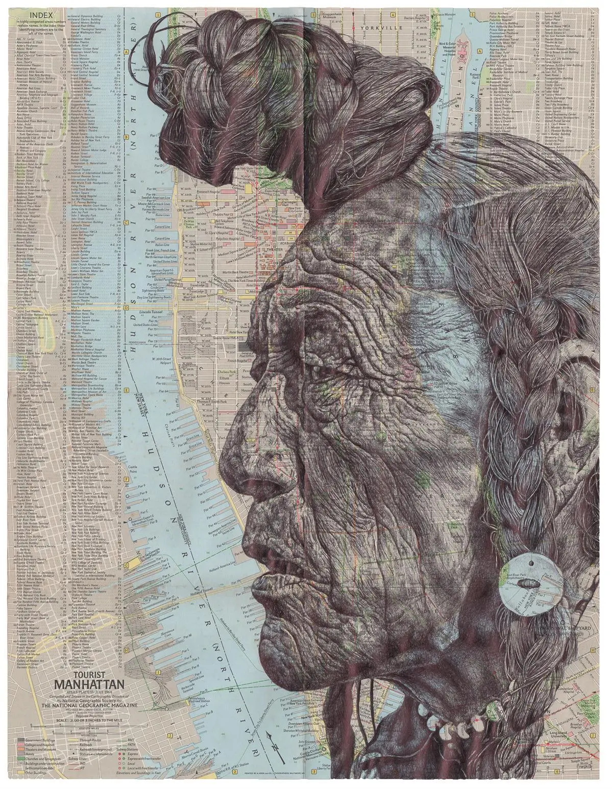 American Tourists, Ballpoint pen drawing on original antique map of New York, 2020