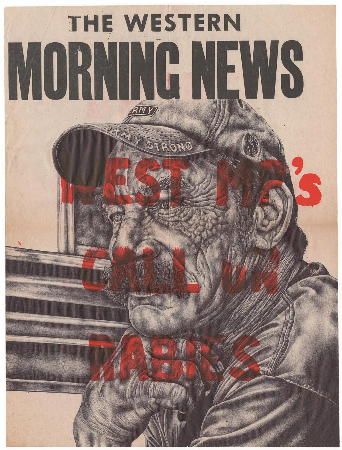 The Glorious West Spits Honey, Bic biro drawing on a 1970s newspaper advertising sheet, 2018