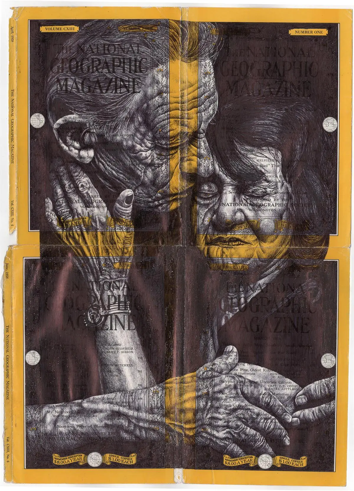 You Are the Reason They Talk of Souls, Bic biro drawing on antique collection of National Geographic magazine covers, 2018