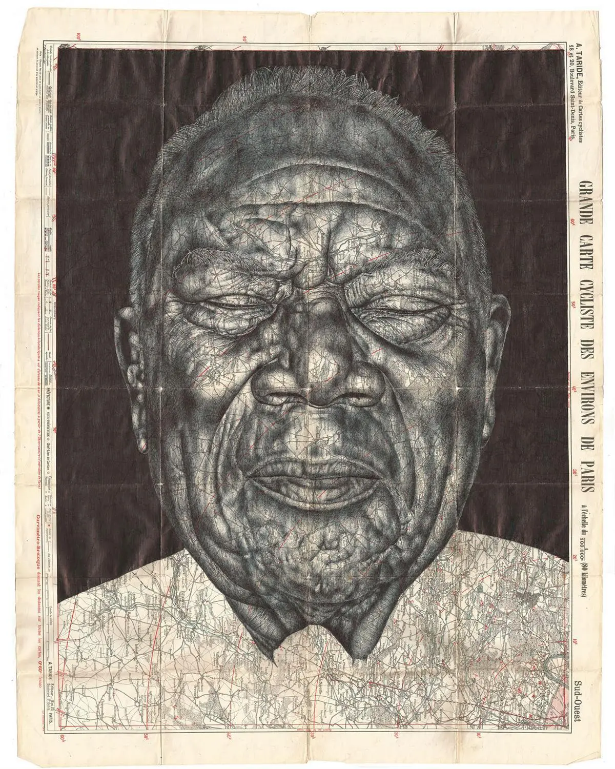 Echo Chamber and the Theory of Dreams, Bic biro ballpoint pen on an antique map of Paris, 2017