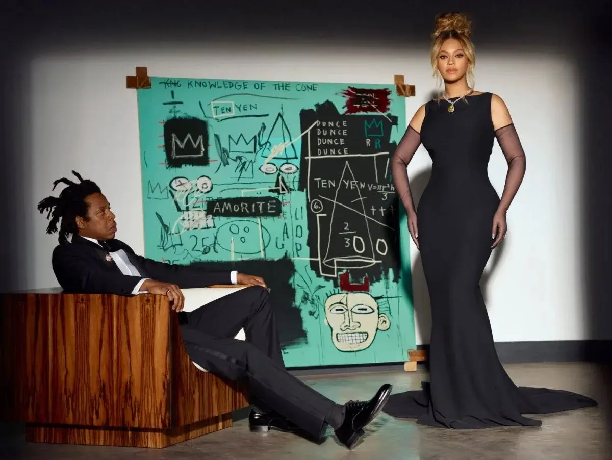 The couple feature in front of a long-unseen painting from Jean-Michel Basquiat titled Equals Pi for a Tiffany & Co. advert in 2021.