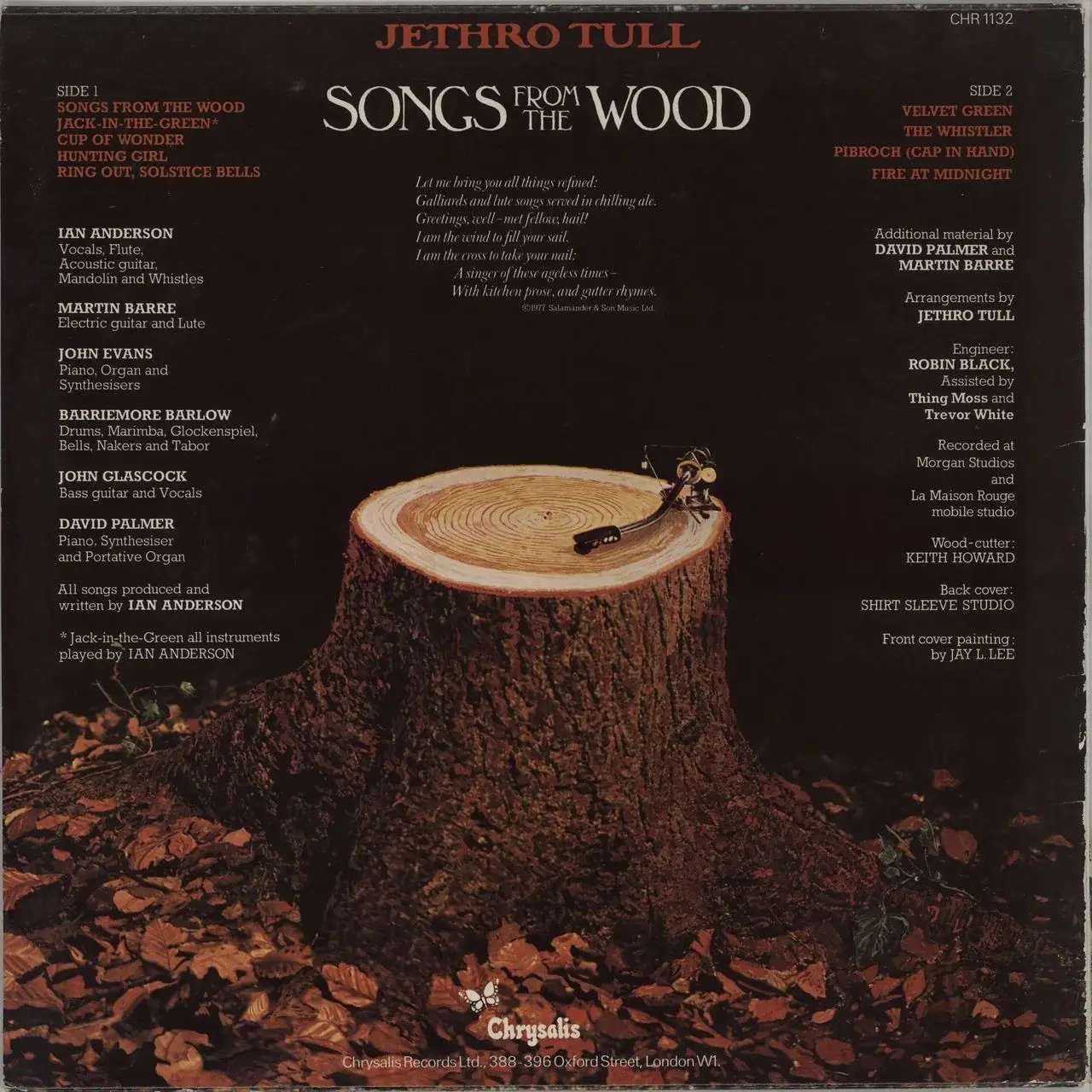 Back cover of British progressive rock band, Jethro Tull's 1977 album, Songs From the Wood.