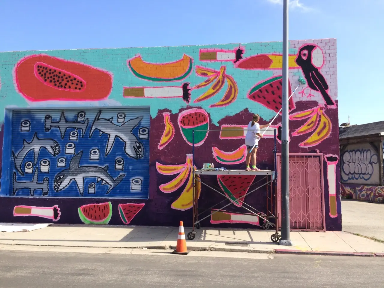 Katherine Bernhardt’s mural 'Fruit Salad' at Venus Over L.A., July 2015.