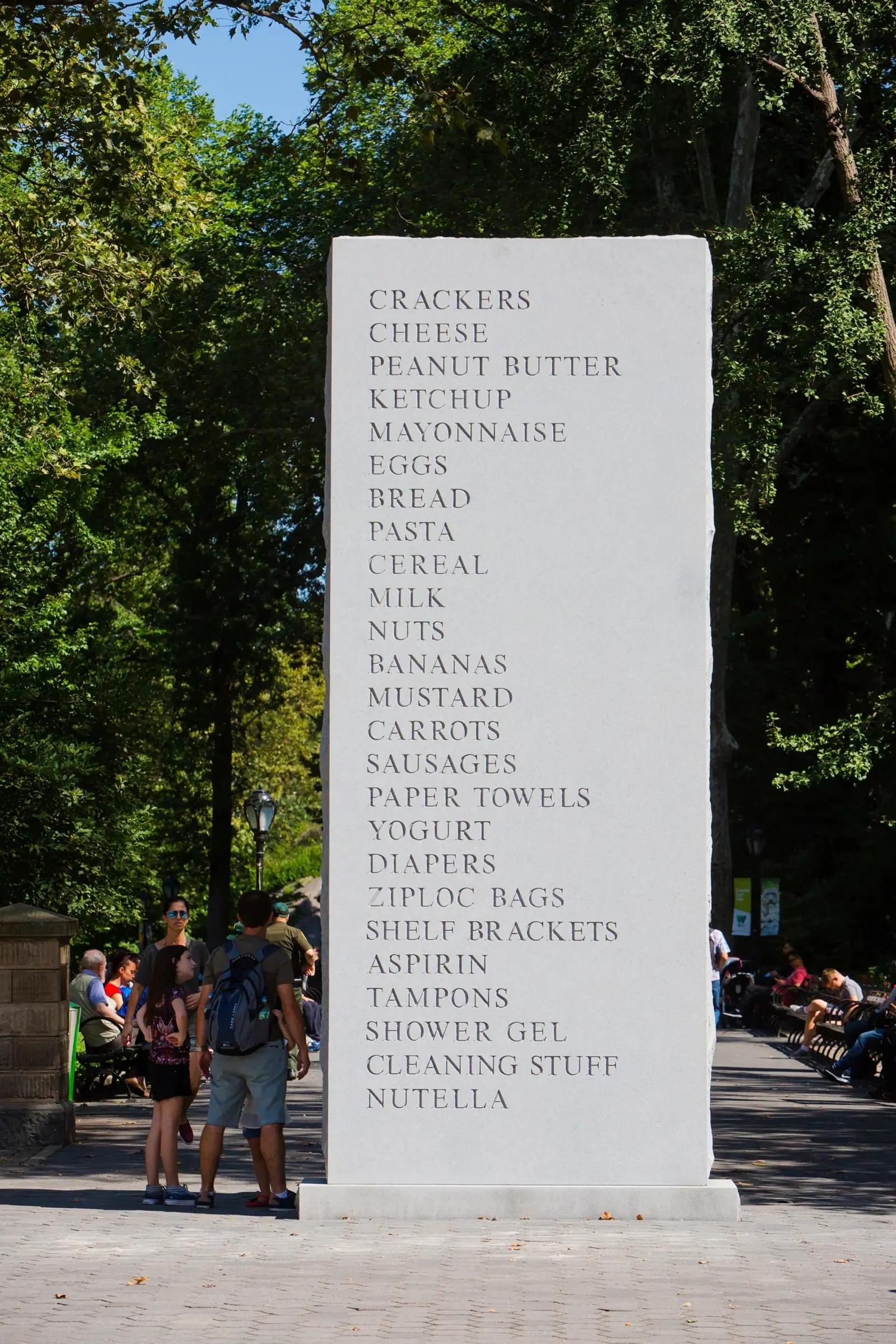 'Memorial' installed in the Doris C. Freedman Plaza; Shrigley's sketch of the piece.