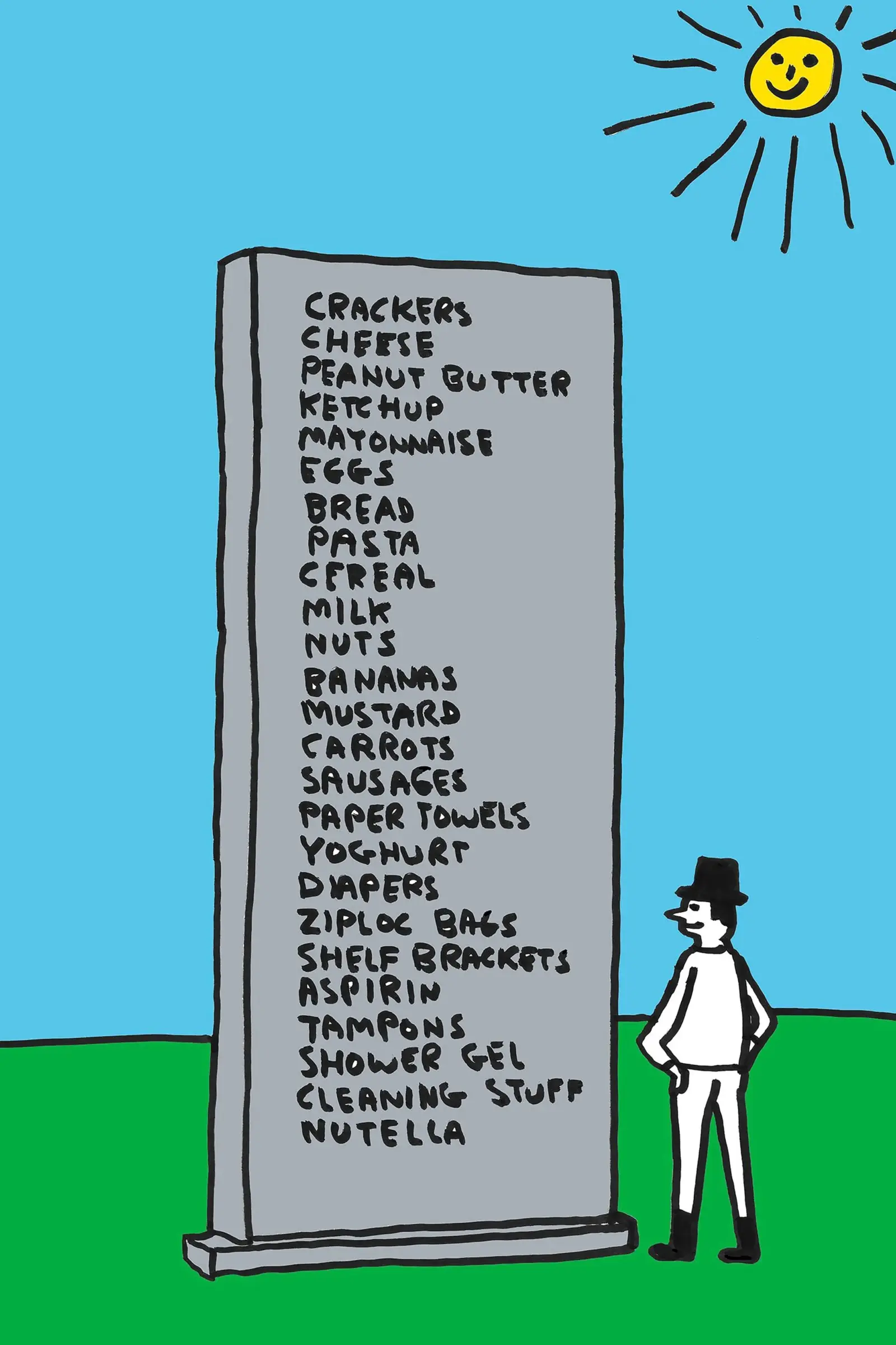 'Memorial' installed in the Doris C. Freedman Plaza; Shrigley's sketch of the piece.