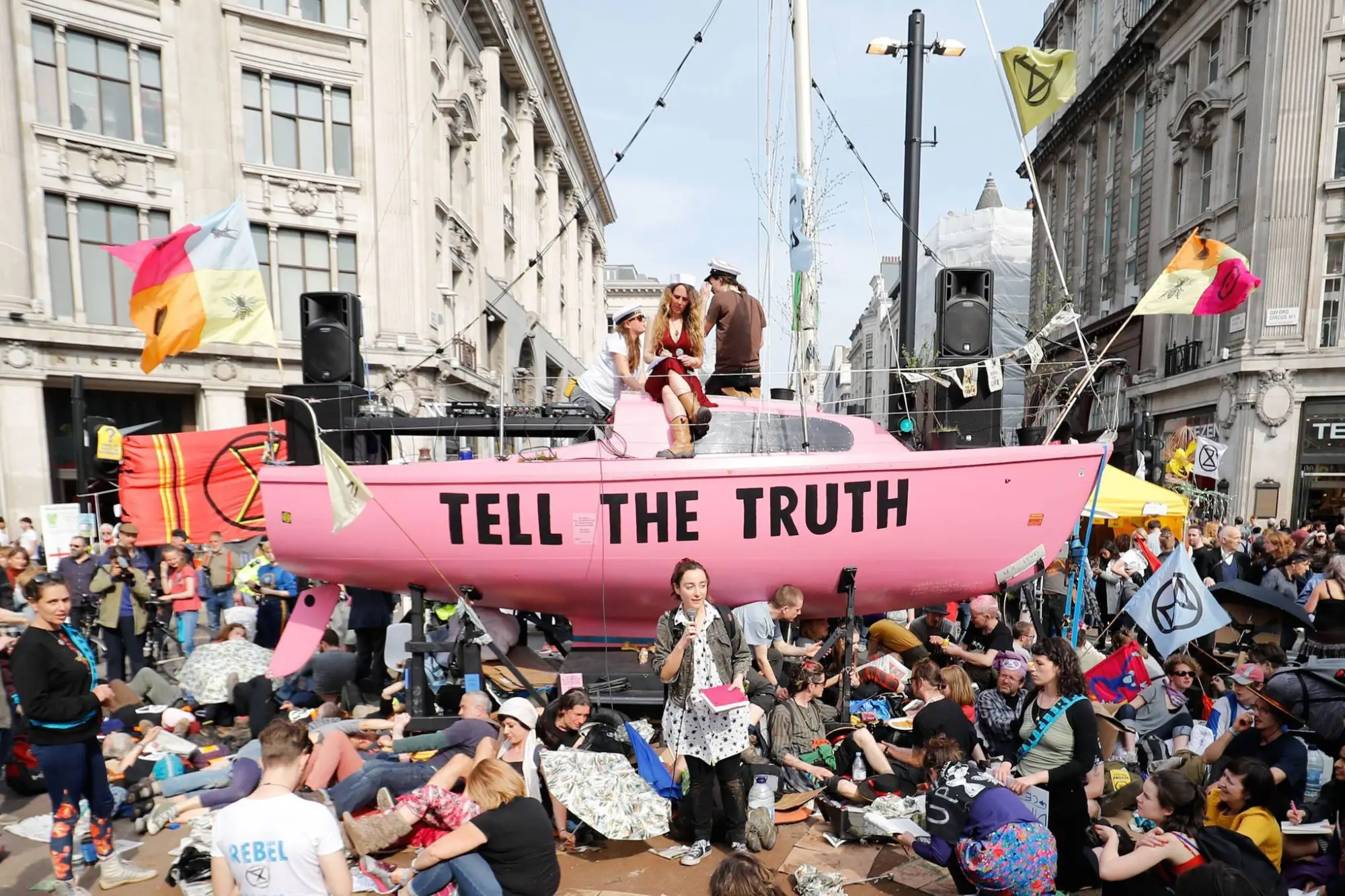 The environmentalist group blocked traffic in Oxford Circus with the above pink boat