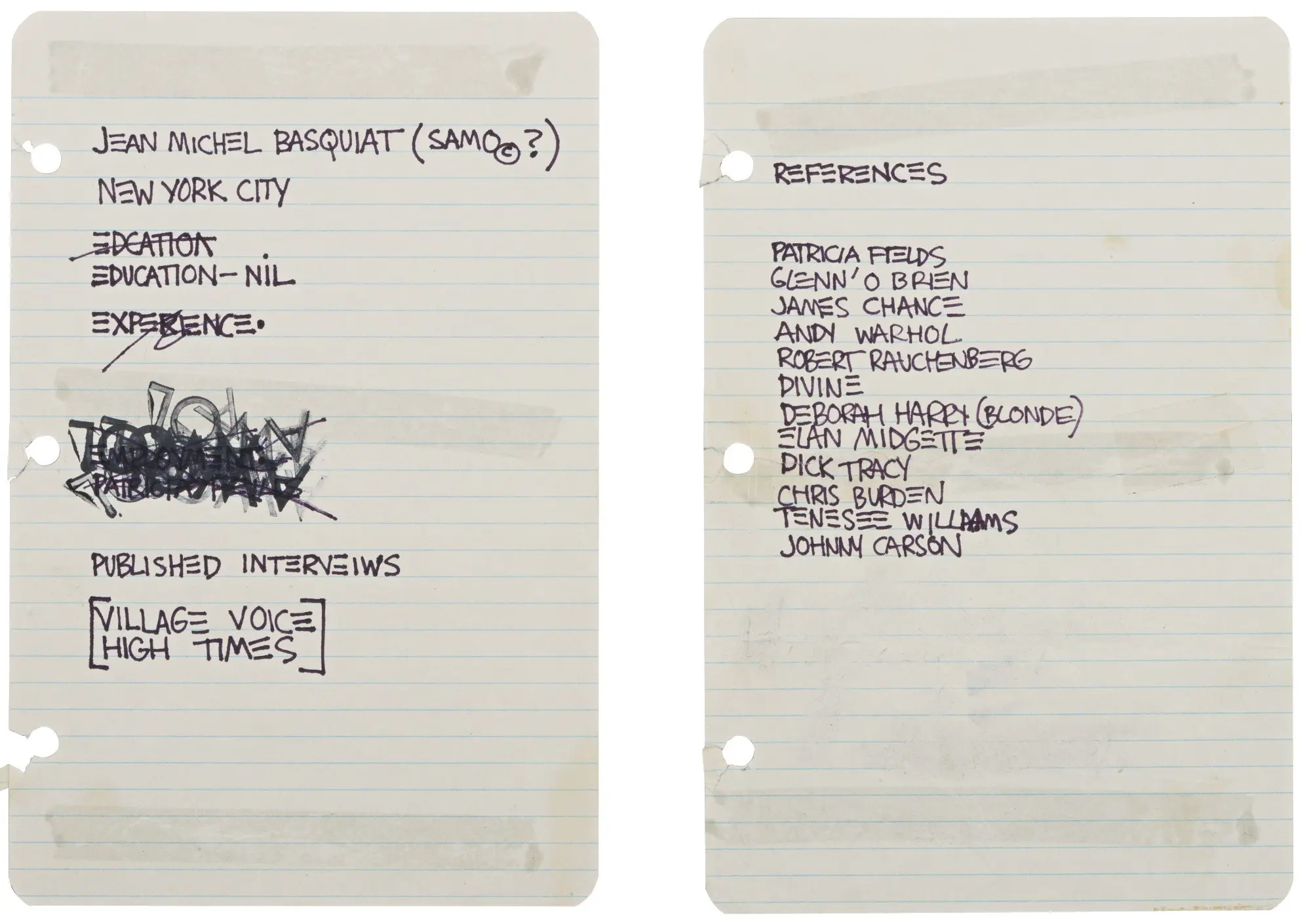 Basquiat's resume sold for £32,000 at a Sotheby's auction in 2013, with references to Warhol, Rauschenberg, and Williams.