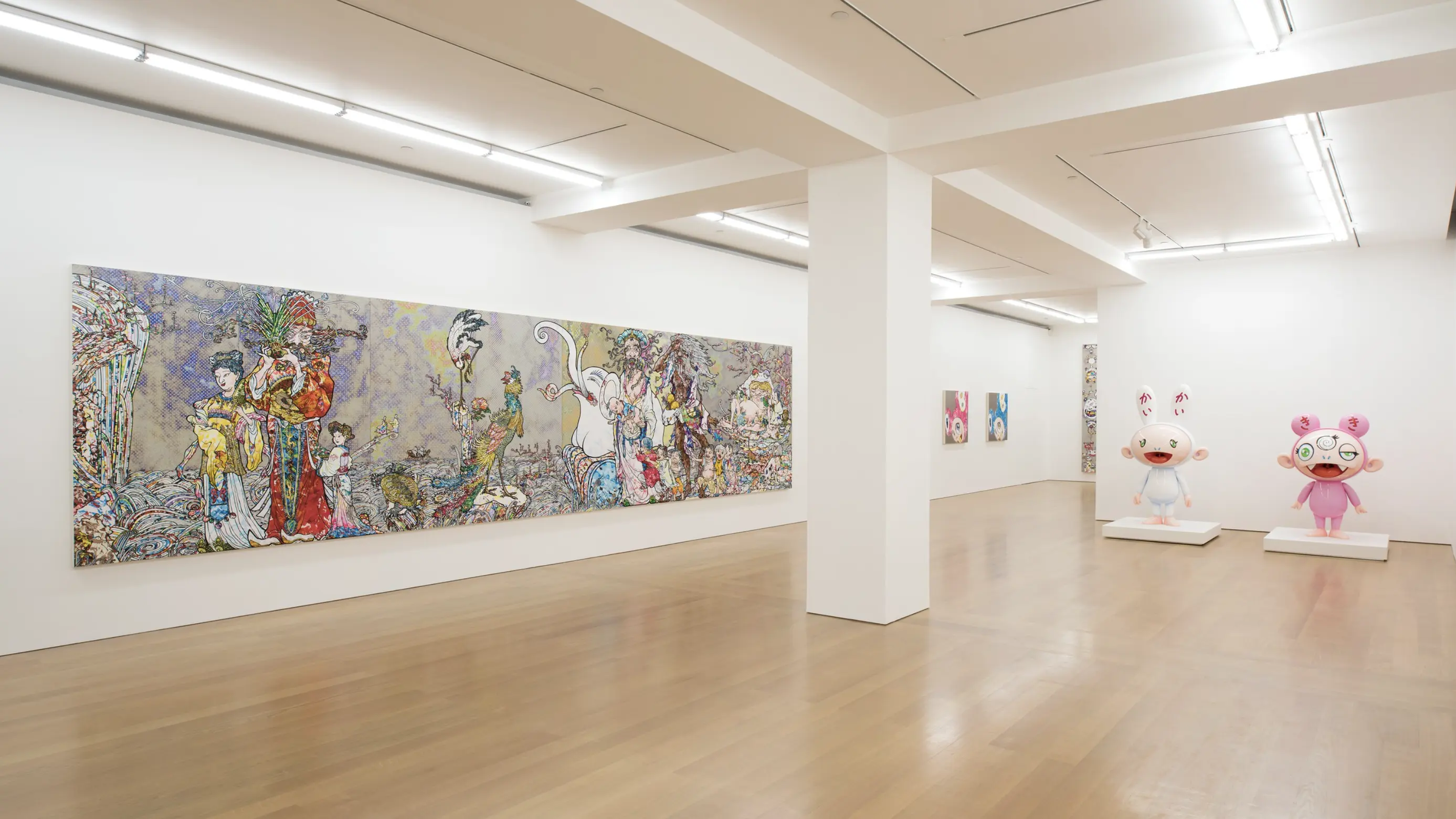 Kaikai and Kiki sculptures featured in Murakami's 'Change the Rule!' exhibition at Gagosian, Hong Kong.
