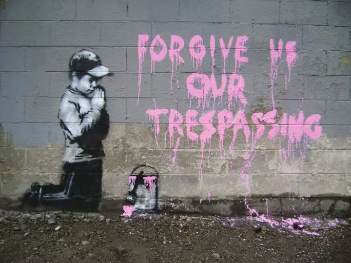 The street mural version of 'Forgive Us Our Trespassing'