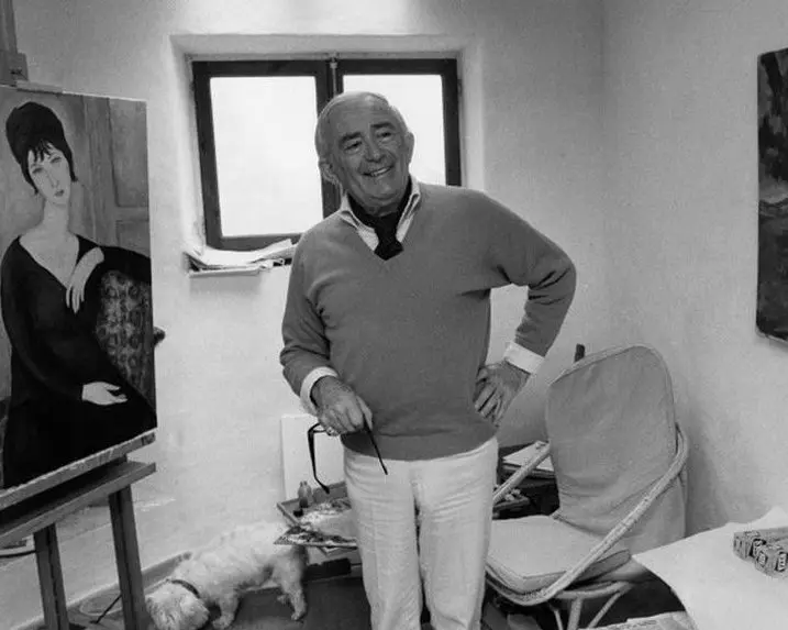 Elmyr de Hory's Odalisque in the style of Henri Matisse. 1974. Left, Elmyr de Hory surrounded by his paintings.