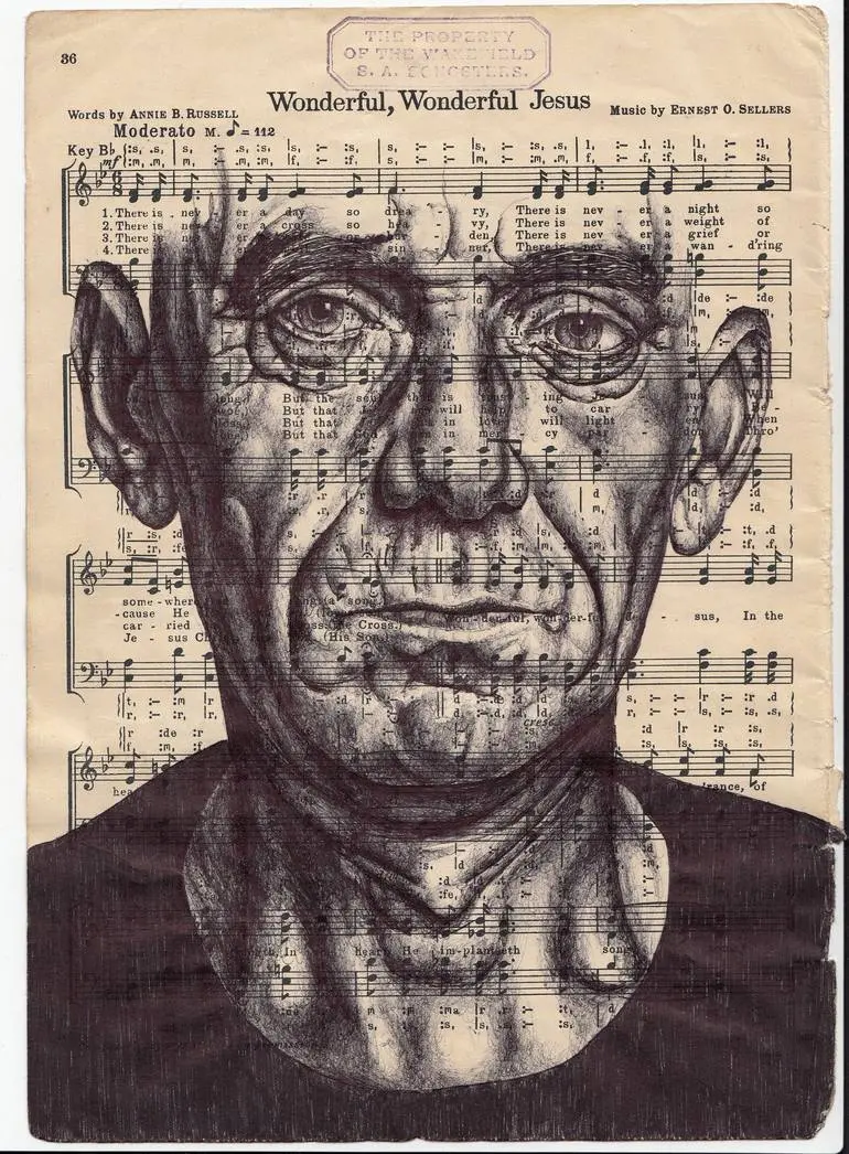 Speaking In Tongues, Bic biro ballpoint pen on antique music sheet, 2013
