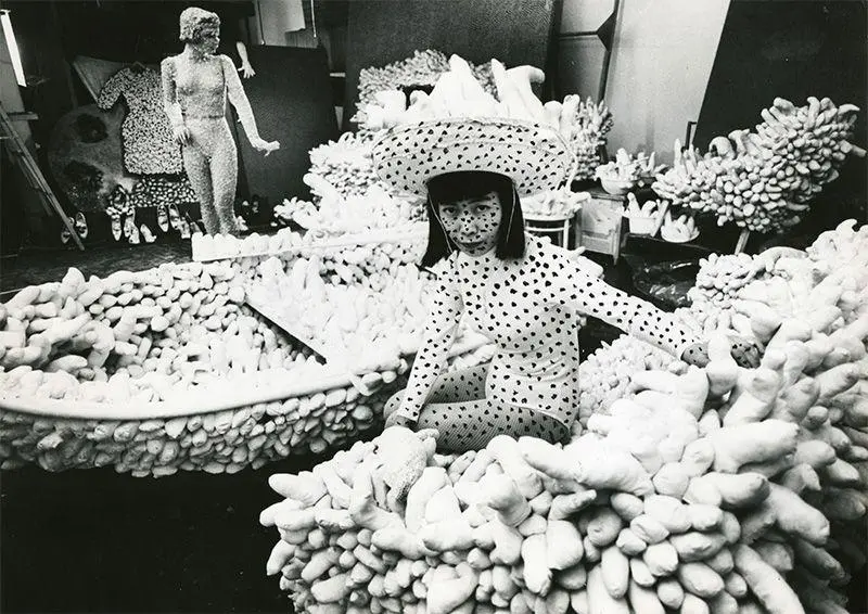 Kusama in her New York studio in 1963, surrounded by her soft sculptures.