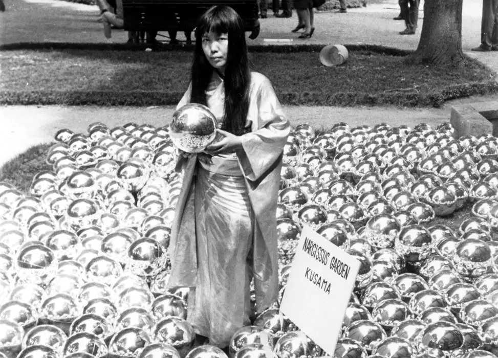 Yayoi Kusama with 'Narcissus Garden' installed at the Venice Biennale, 1966.