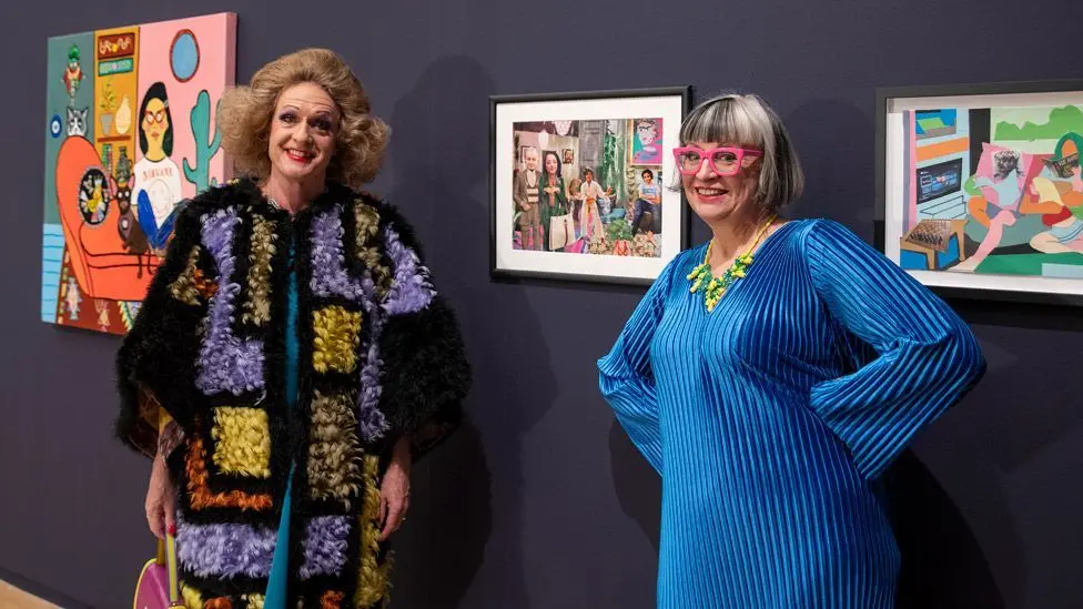 Grayson Perry and wife Philippa at Grayson's Art Club exhibition at Manchester Art Gallery, 2020.