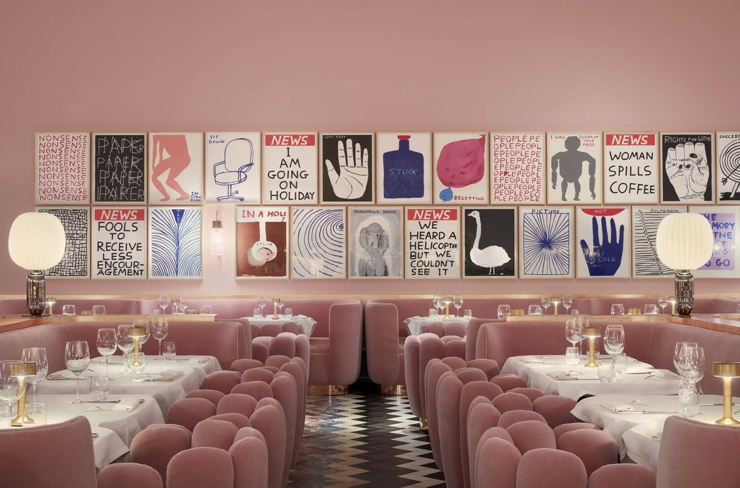 David Shrigley's drawings lining the walls of Sketch's Gallery restaurant in London’s Mayfair.