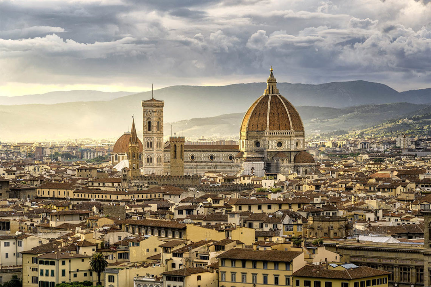 View of the city of Florence dominated by the silhouette of its cathedral and Brunelleschi's dome.