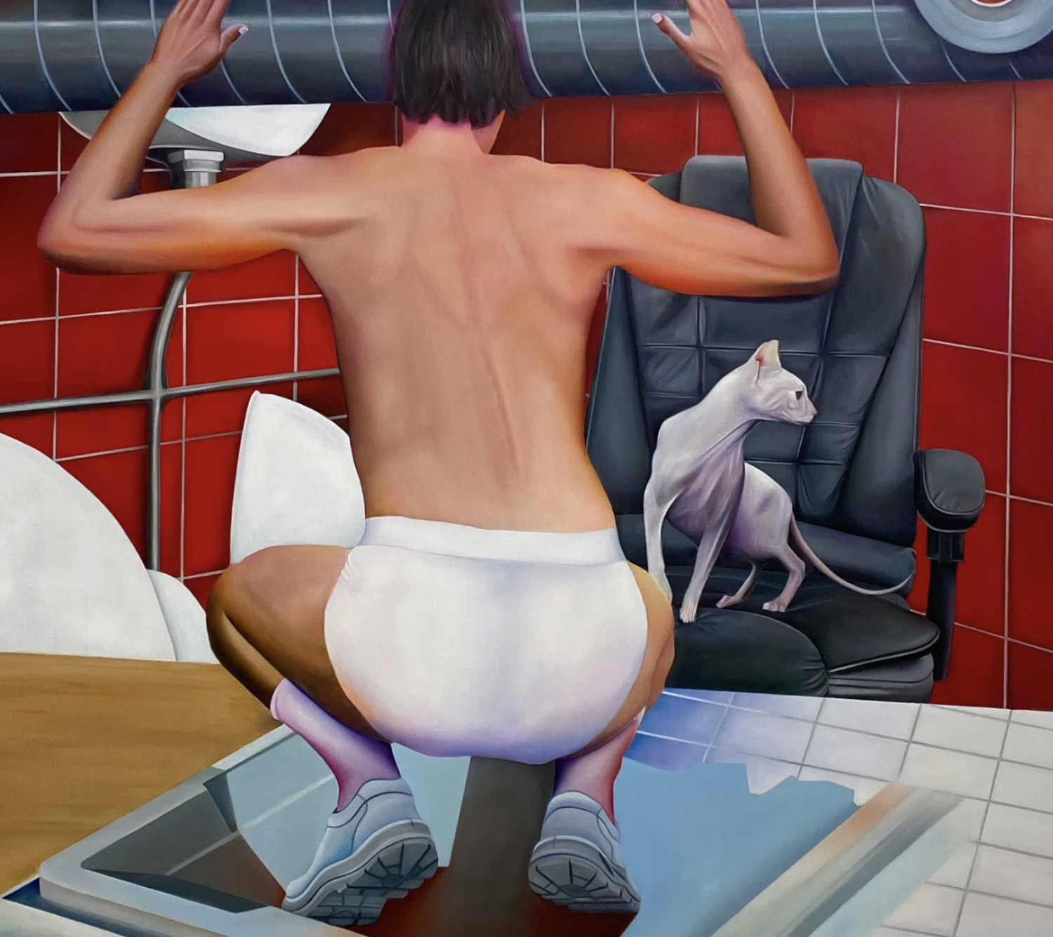 Emanuel de Carvalho, Tap to Chat, Raise Your Dept, 2021; Olivia Sterling, Lady Tanning with Strawberries, 2021.