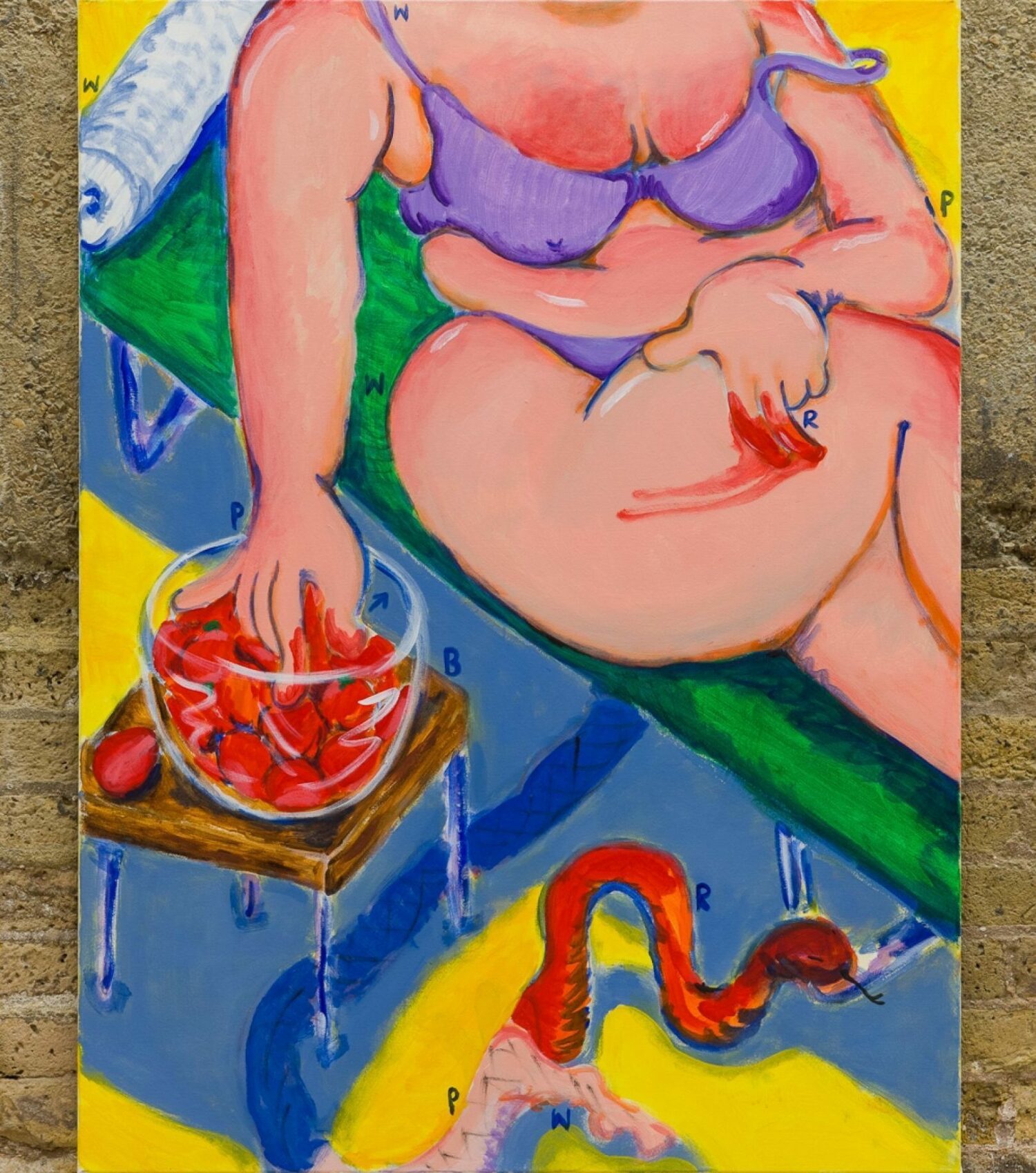 Emanuel de Carvalho, Tap to Chat, Raise Your Dept, 2021; Olivia Sterling, Lady Tanning with Strawberries, 2021.