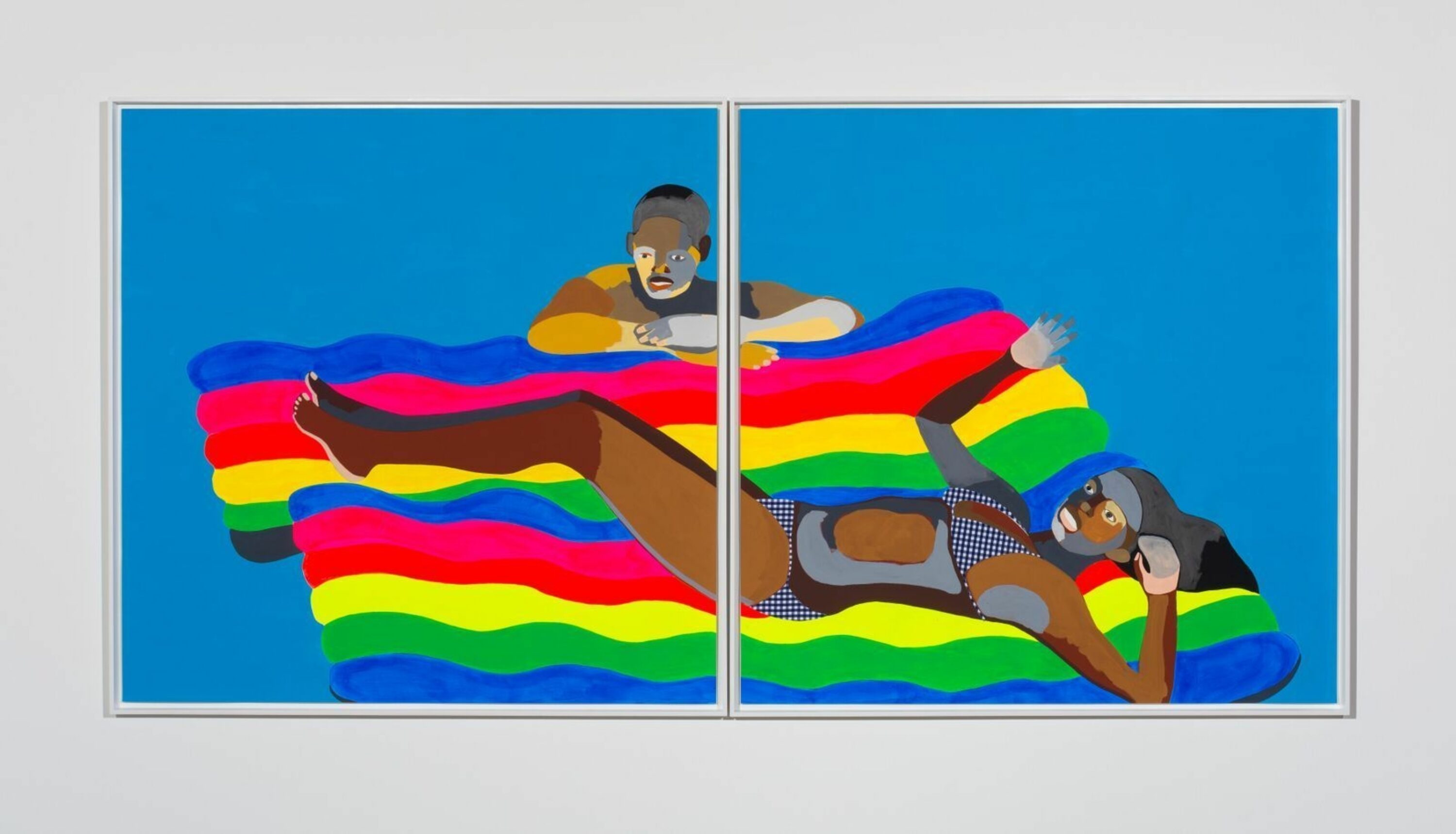 Floater No. 58 (Two Rafts) by Derrick Adams, 2017. Acrylic paint, pencil and fabric on paper.