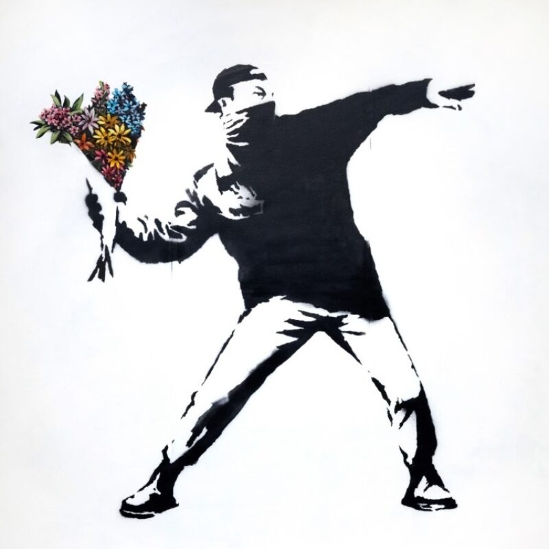 A Life Size example of Banksy’s Love Is In The Air Headlined Sotheby’s Evening Sale