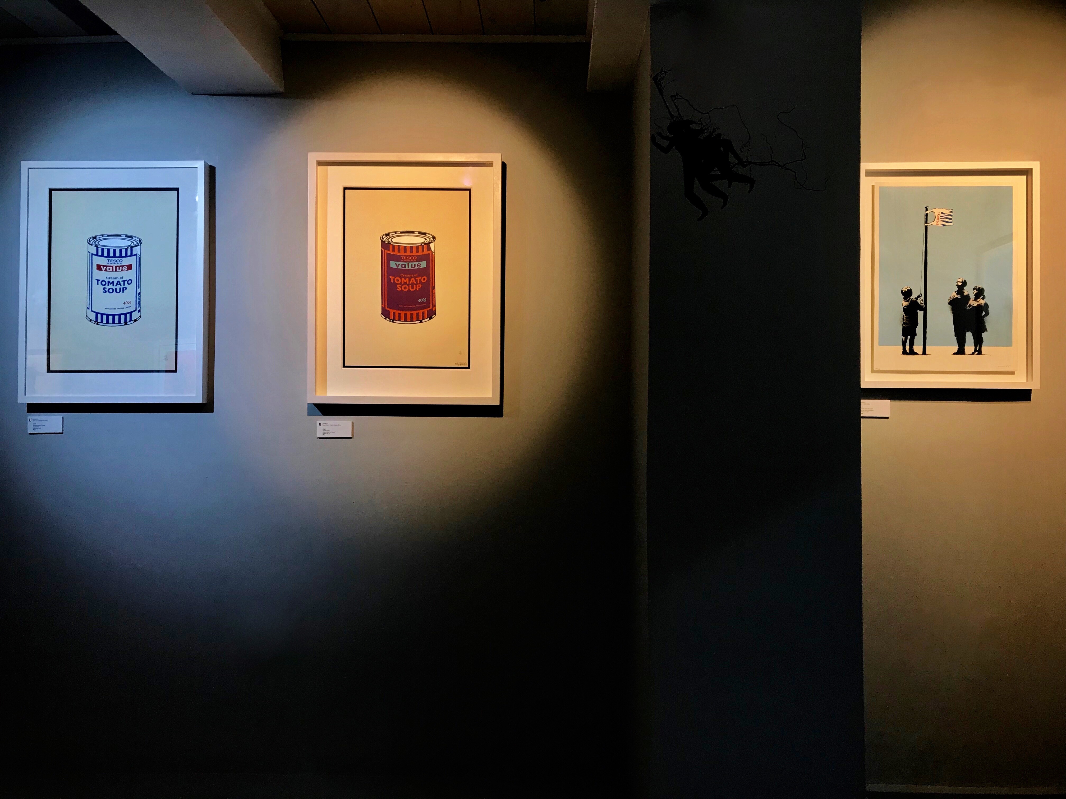 Two window mounted 'Soup Cans' and a high floated 'Very Little Helps'